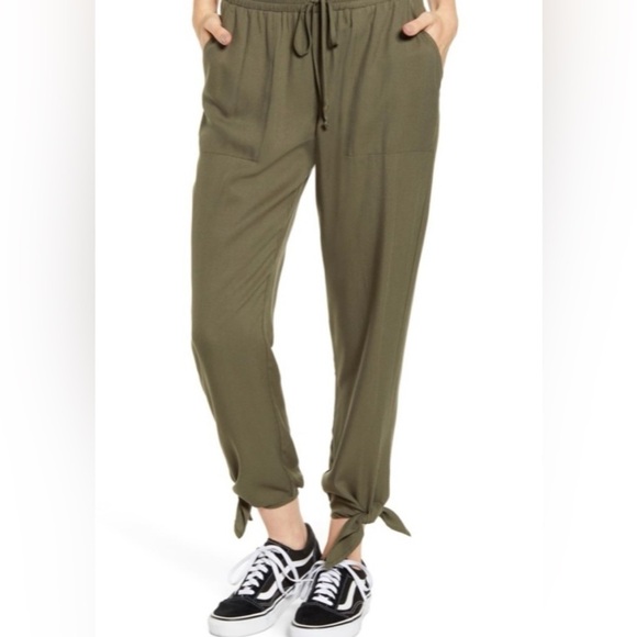 Pants - Joggers Paper Bag Waist with Elastic Pockets Side Ankle Tie Olive Green Casual